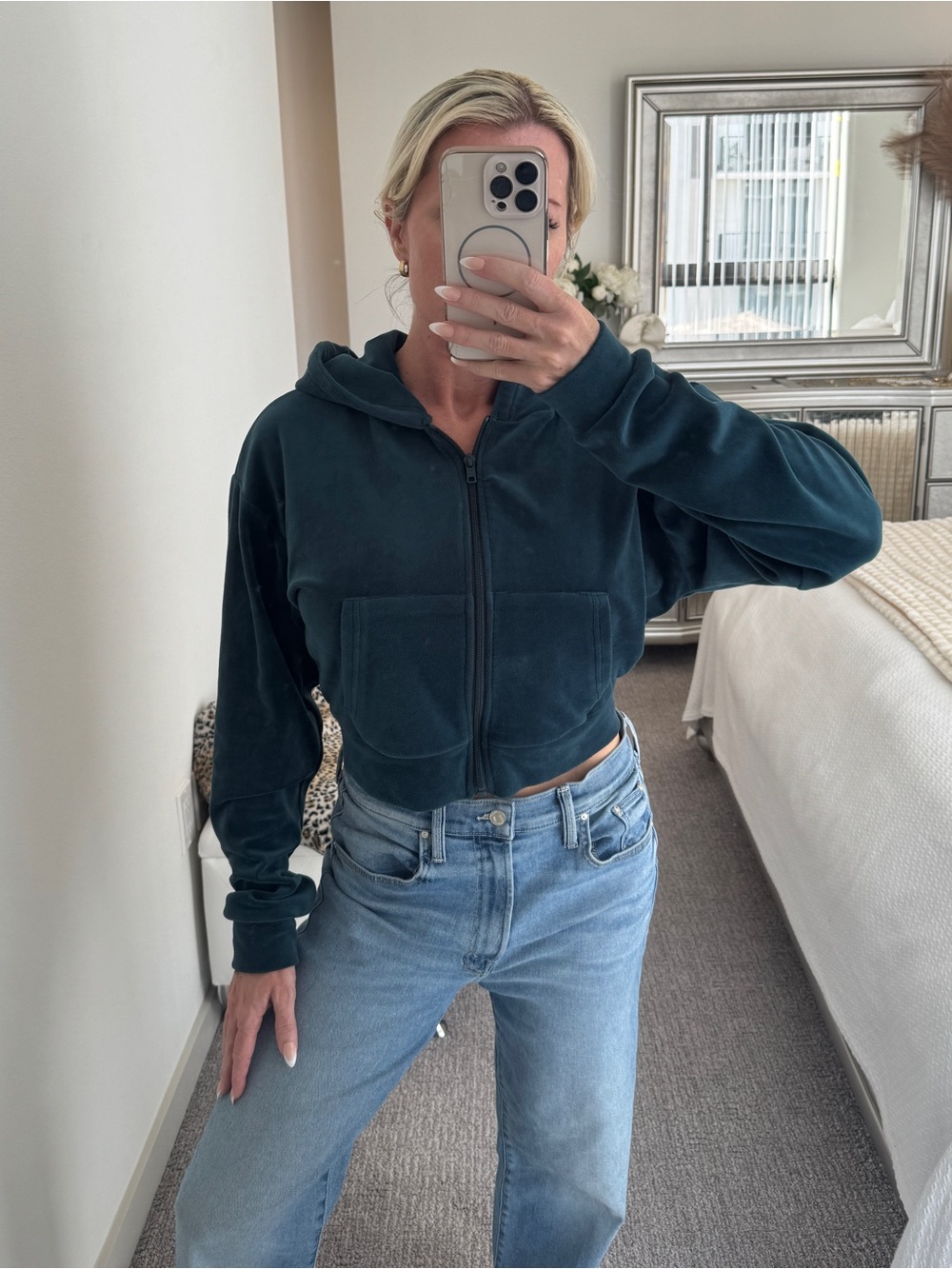 Charlotte Russe Velour Zip Hoodie in Green Size Medium Y2K